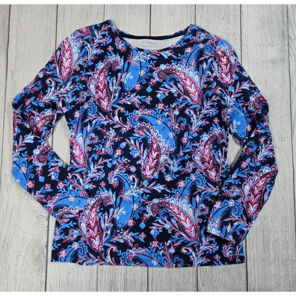 Talbots Tee Long Sleeve Top Womens S Petite Blue Pink Paisley Cotton Stretch